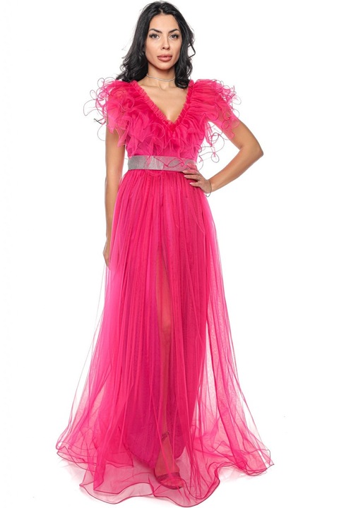 Дълга рокля от тюл с волани, V-образно деколте и сребрист колан, Фуксия