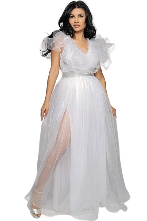 Дълга рокля от тюл с волани, V-образно деколте и сребрист колан, Бял