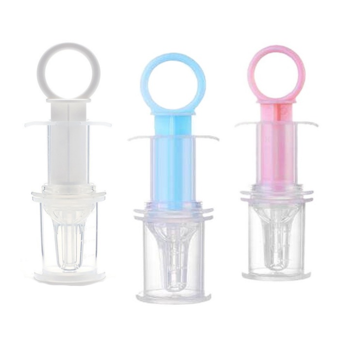 Set 3 Seringa silicon gradata, pentru administrare medicamente bebelusi si copii, +0 luni, enkourakoko®, Transparent/Roz/Albastru