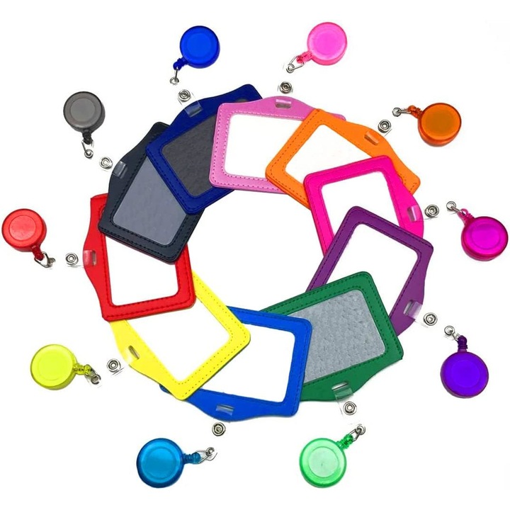 Set 10 ecuson de identitate cu suport clip, retractabil, din piele, enkourakoko®, Multicolor