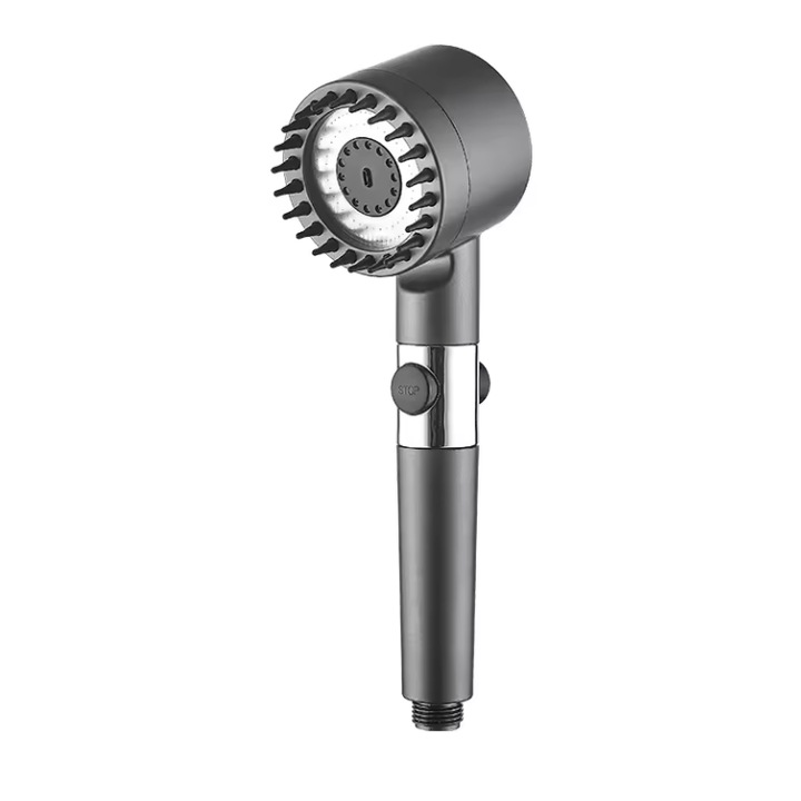 Para Cap De Dus ZANOVO®, Cu Peri din Silicon pentru Masaj, Buton Oprire/Pornire Jet, 3 Moduri de Reglare Presiune si Economisire a Apei, Filtru Purificare Apa Inclus, Design Modern, Gri Metalic