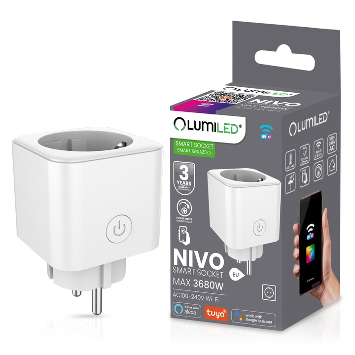 Priza inteligenta Lumiled, control vocal, timer, monitorizare energie, alb, 52x52x82mm