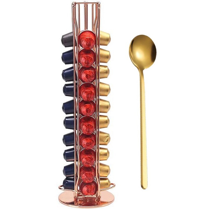 Suport 40 capsule Nespresso, rotativ, argintiu, metal, cu lingura, Auriu