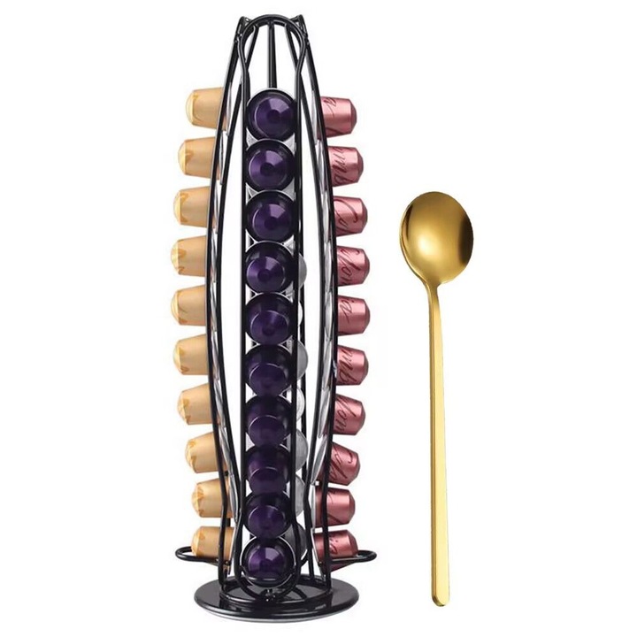 Suport 40 capsule Nespresso, rotativ, metal, cu lingura, Negru