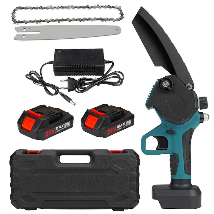 Mini láncfűrész, MOSMAOO®, elektromos, hordozható, 8 hüvelykes, 21 V, 1500 mAh, 1 lánc, 2 akkumulátor, közepes zöld