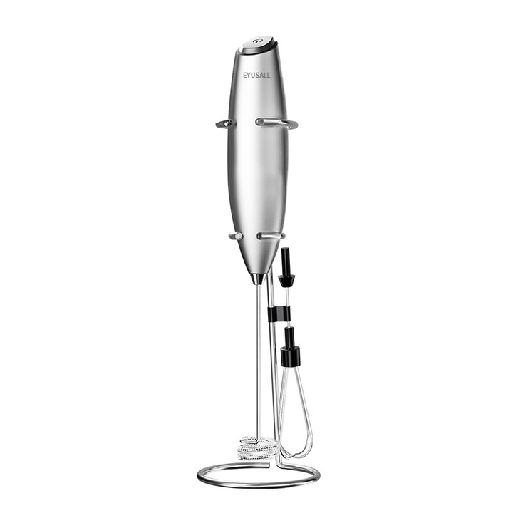 Mixer spuma lapte electric 2 in 1, EYUSALL, cu holder, ideal pentru ciocolata calda, caffe latte, cappuccino, argint