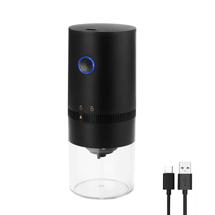 Преносима електрическа кафемелачка, EYUSALL, Регулируема гранулация, 13 W, 30 g, ABS, Черна