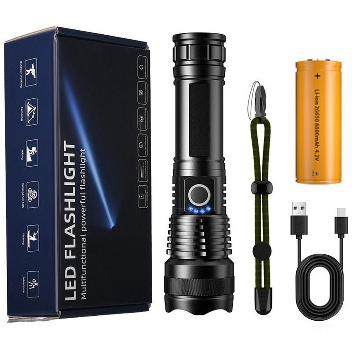 Lanterna tactica LED, Reincarcabila, Pentru camping, Negru