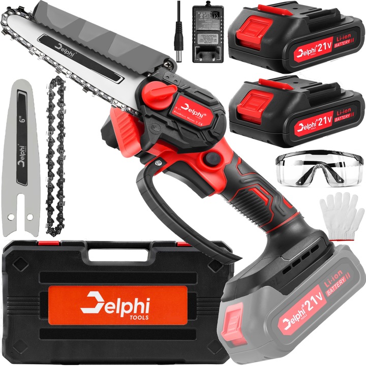 Mini láncfűrész, Delphi, 1000W, 6 hüvelykes, 2 akkumulátorral, 1500 mAh, tartozékok