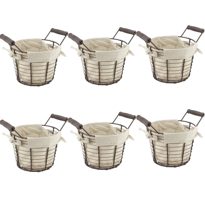 Set 6 cosuri servire paine rotunde RAKI, 15, 5x12x14, 5cm, cu manere lemn, din metal si panza