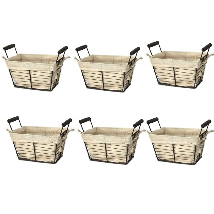 Set 6 cosuri servire paine dreptunghiulare RAKI, 21, 5x10x15cm, cu manere lemn, din metal si panza