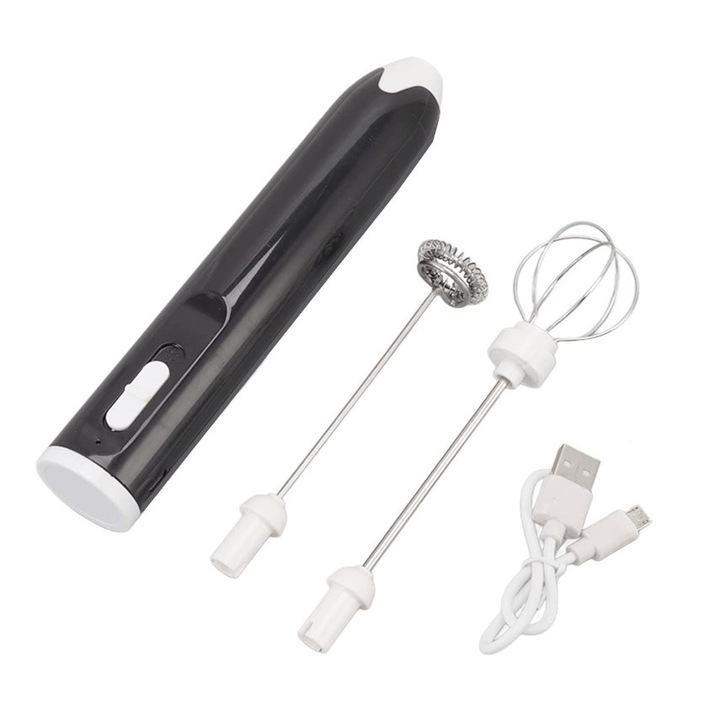 Set EDAR Spumator de Lapte pentru Cafea Si Mixer Pentru Oua, 2 Teluri Interschimbabile, Alimentare USB, Negru/Alb