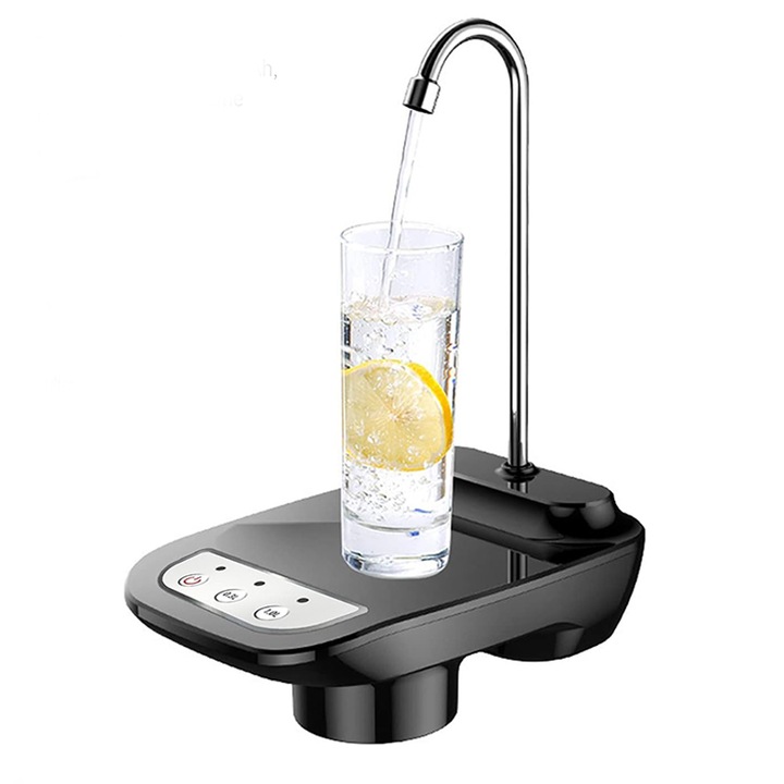 Автоматичен диспенсър за вода за бутилки, Електрическа помпа, Въртене на 360 градуса, Количествено изпускане на вода, 1200mA, Зарежда се през USB, Със стойка, Черен
