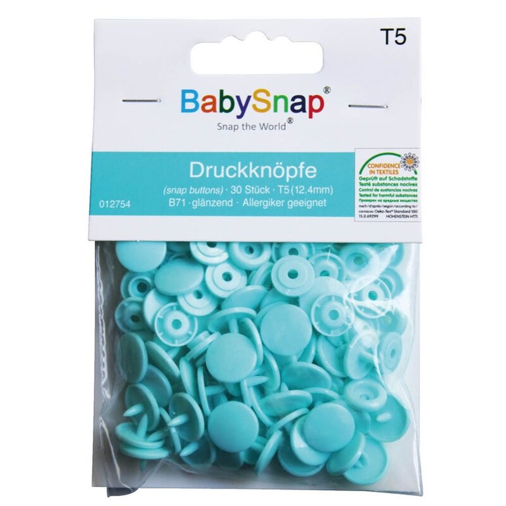 Capse plastic textile diametru 12.4 mm, finisaj lucios, 30 perechi, BabySnap, culoare aqua