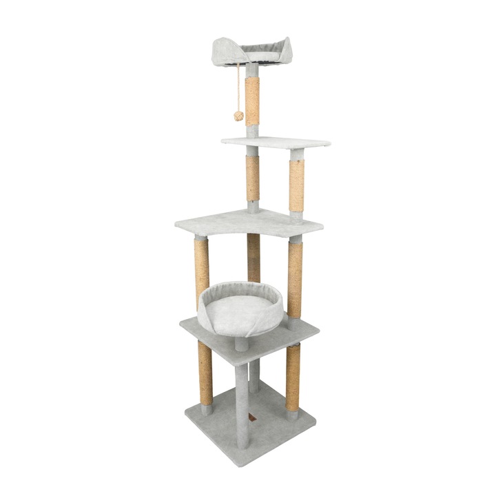 Ansamblu joaca Pisici, Alb Cenusiu, 185 cm Inaltime, Lucrat Manual, 6 Niveluri, Culcus cu Burete