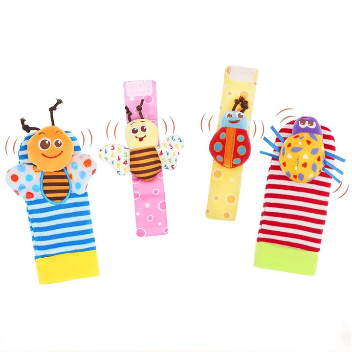 Set bebelusi sosetele si bratari Rattle jucarii, Textil, 0-12 luni, in forma de animale simpatice, 100% sigure pentru masticat, ideale pentru coordonare mana-ochi-picior, Multicolor