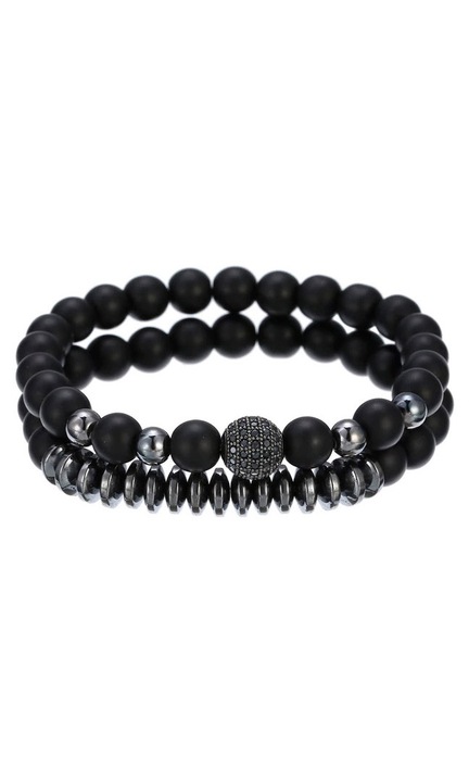 Set 2 Bratari, Cristale Zirconiu, Negru/Gri Lucios