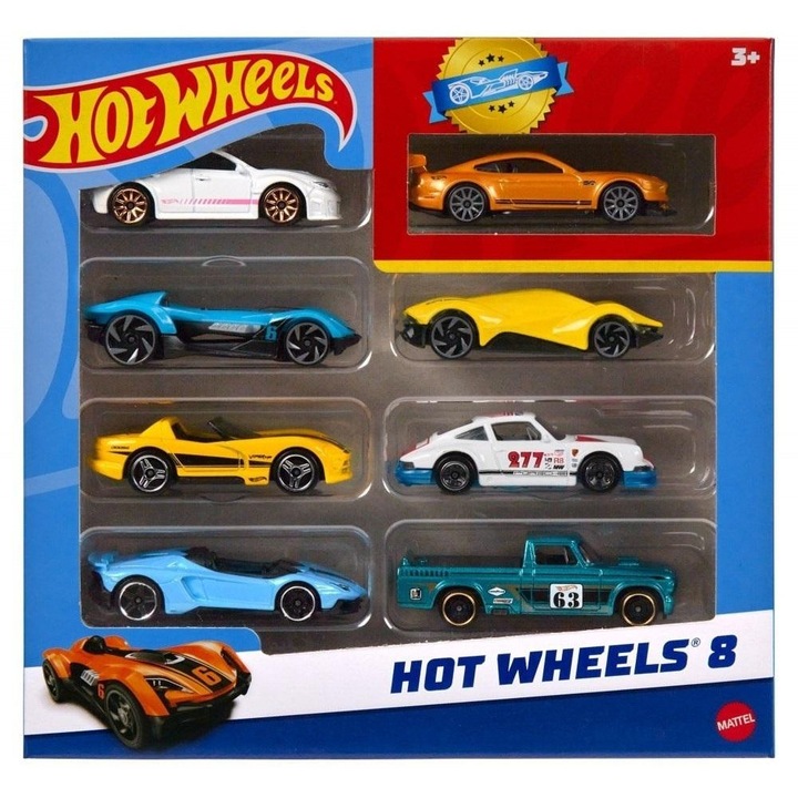 Комплект коли Mattel Hot Wheels, 8 части, мащаб 1:64, многоцветни, метални