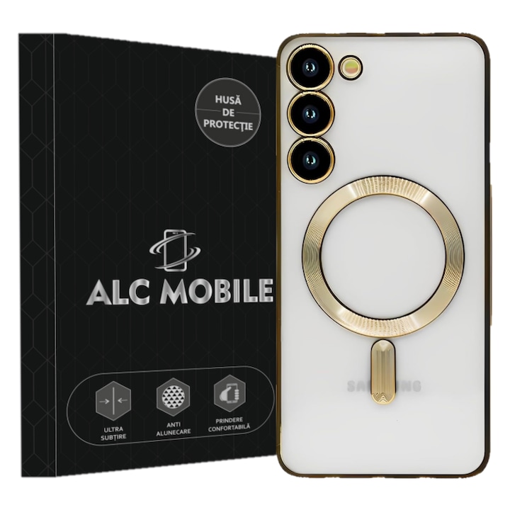 Husa compatibila cu Samsung Galaxy S21 Fe, ALC MOBILE, pentru telefon mobil cu protectie pentru camera, Tehnologie MagSafe, rezistenta la socuri, contur Gold