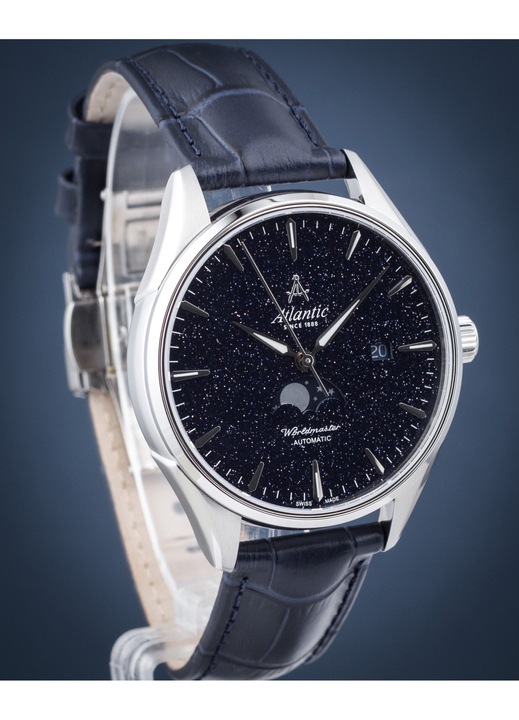 Часовник Atlantic Worldmaster Nightsky, автоматичен, лунна фаза, кожена каишка, тъмносин