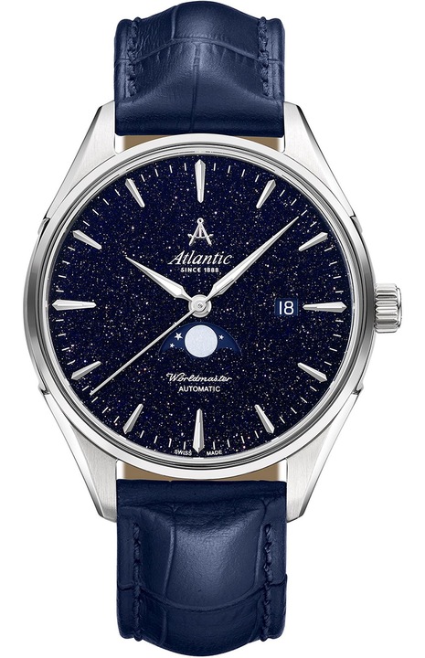 Ceas Atlantic Worldmaster Nightsky, Automatic, Faza Lunara, Curea Piele, Albastru Navy