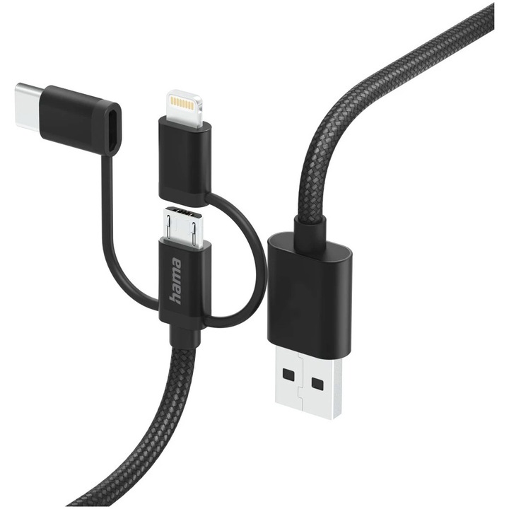 Hama 3 az 1-ben töltőkábel, USB-A - Micro-USB, USB-C és Lightning, 1,5 m, fekete