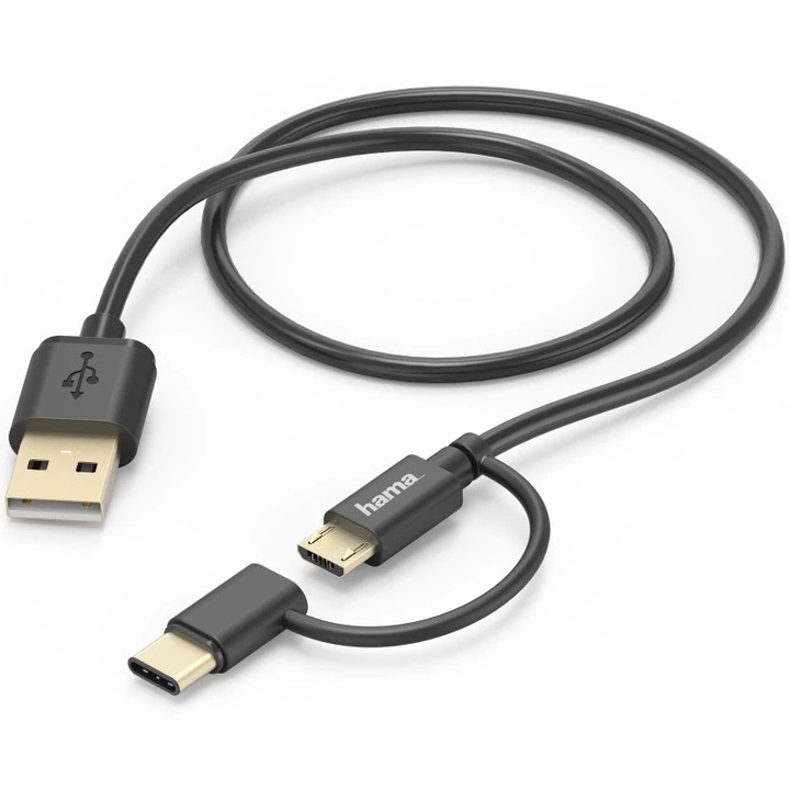 Cablu micro-USB 2 in 1 Hama cu adaptor USB-C, 1 m, negru