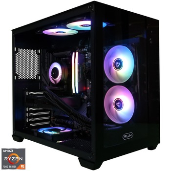 Sistem Desktop PC Gaming A+ cu procesor AMD Ryzen 5 7600 pana la 5.1GHz, Racire pe lichid, 32GB DDR5, 1TB SSD, NVIDIA GeForce RTX 4060 Ti 8GB GDDR6, No OS, Black