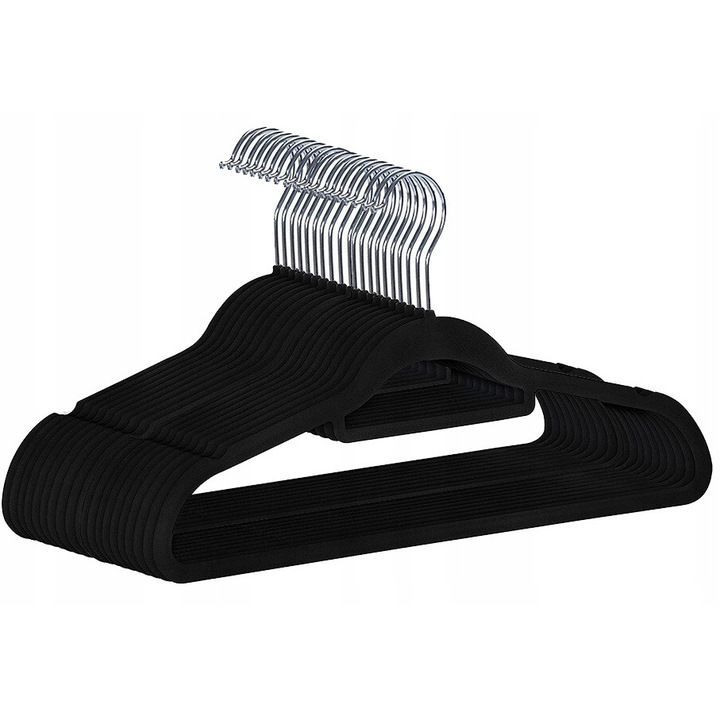 Umerase haine acoperite cu catifea, 20 bucati, Grosime 0, 6 cm, Carlig rotativ 360 °, eBA®, Antiderapant, Negru