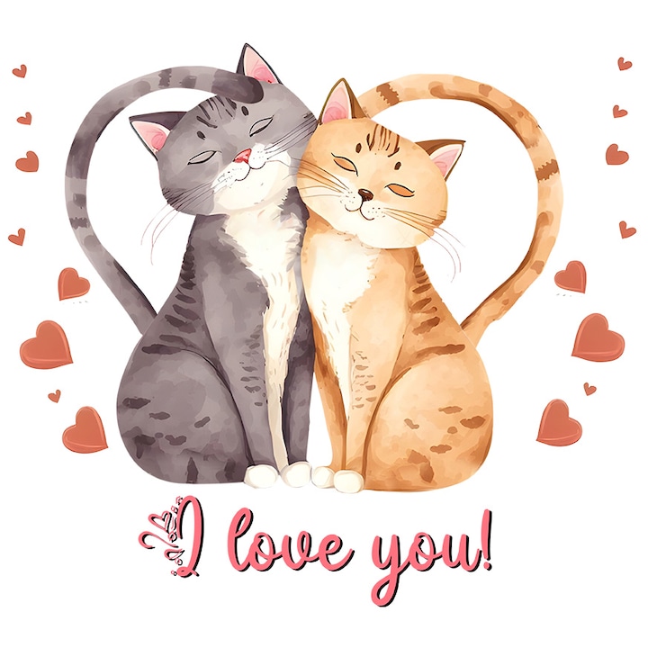 Sticker cu 2 pisici apropiate care formeaza o inima cu cozile lor cu mesajul "I love you!", inimioare, ilustratie, Valentine's Day, iubire, apropiere, afectiune, dragoste cu Margini Albe, PVC Vinyl 15 cm