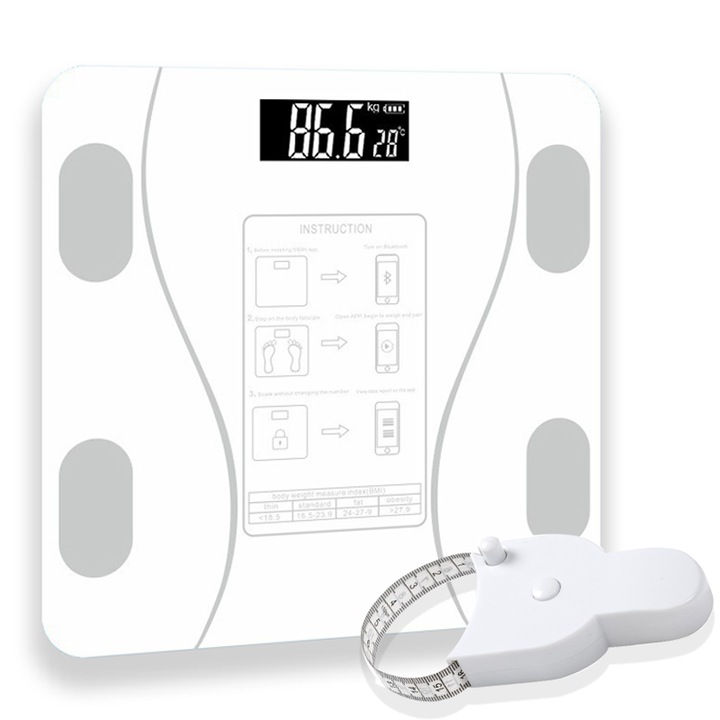 Смарт електронна везна за баня, осветен дигитален екран, термометър, максимална опора 180 кг, батерия, рулетка Send, 26×26 см, бяла