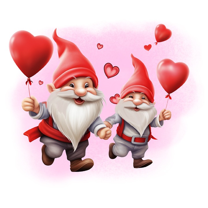 Стикер с 2 джуджета, които имат балони във формата на сърце, Свети Валентин, илюстрация, розов фон, веселие, радост, любов, любов, но с бели ръбове, PVC винил 23 см