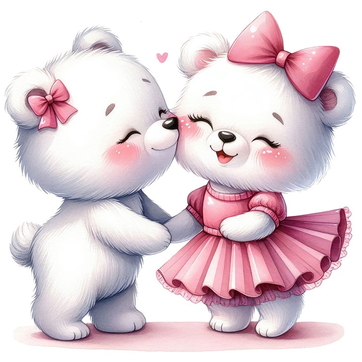 Sticker cu 2 ursuleti polari apropiati, ilustratie, imbujorati, funda, rochita, roz, Valentine's Day, afectiune, prietenie, cu Margini Albe, PVC Vinyl 15 cm
