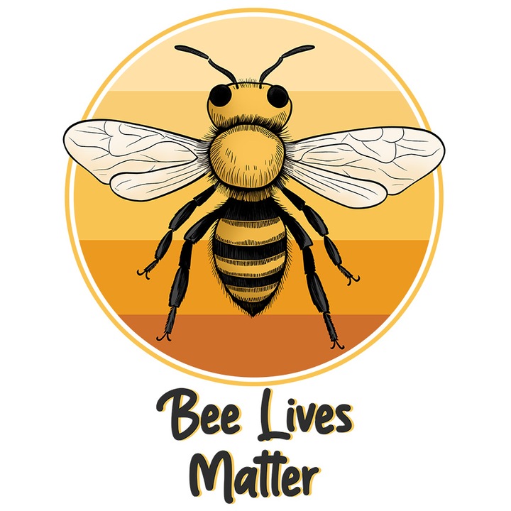 Sticker cu albina cu mesajul "Bee Lives Matter", viata albinelor conteaza, "soare" pe fundal, insecta, importanta, ilustratie cu Margini Albe, PVC Vinyl 90 cm