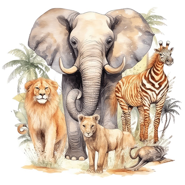 Sticker cu animale din jungla, ilustratie, elefant, girafa, lei, salbatice, plante, natura, cu Margini Albe, PVC Vinyl 90 cm
