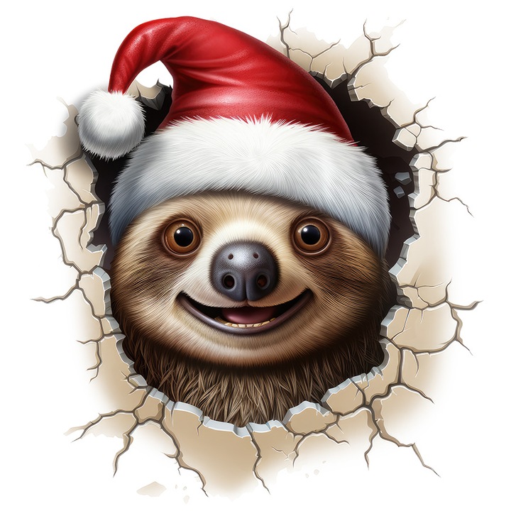 Karácsonyi sapkát viselő lajhár állat matrica, illusztráció, vidám, szeretteivel ünnepel, fejét egy lerombolt falon átdugva, fehér szélekkel, PVC vinil 28 cm