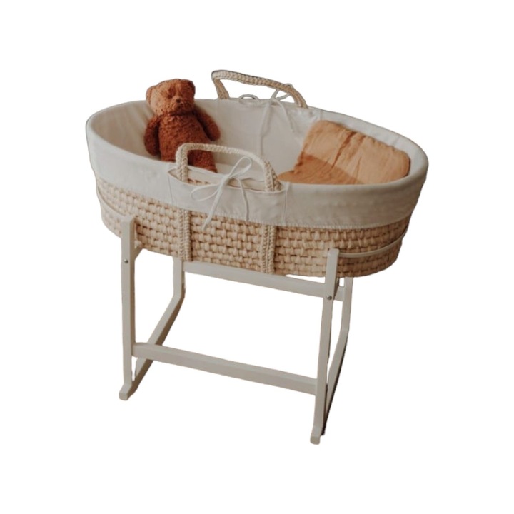 Кошара за бебета KidooCrafts, с матрак и подплата от органичен памук, опора от бук, бяла, 50x50x50 см