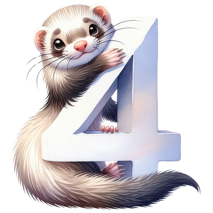 Стикер с животно, държащо цифрата 4, илюстрация, за деца, училище, студент, учете с бели ръбове, PVC винил 28 см