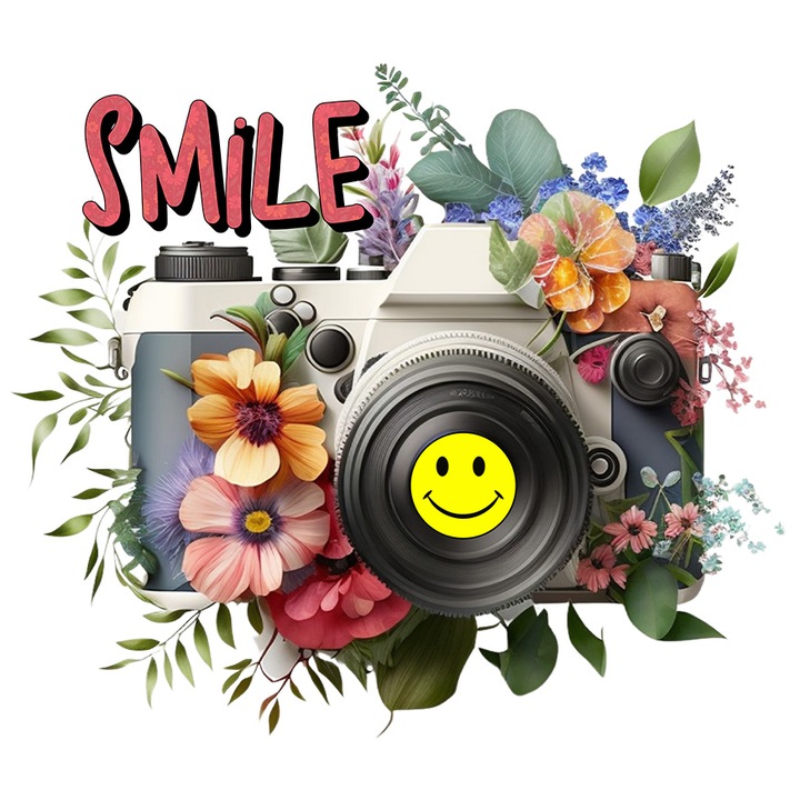 Sticker cu aparat de fotografiat cu mesajul "Smile", ilustratie, activitate, zambeste, flori, emoji, veselie, poza, imagine cu Margini Albe, PVC Vinyl 10 cm