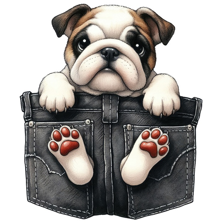 Sticker cu Bulldog, caine, animal de companie, ilustratie, arata labutele, blugi, haine prea mari cu Margini Albe, PVC Vinyl 15 cm