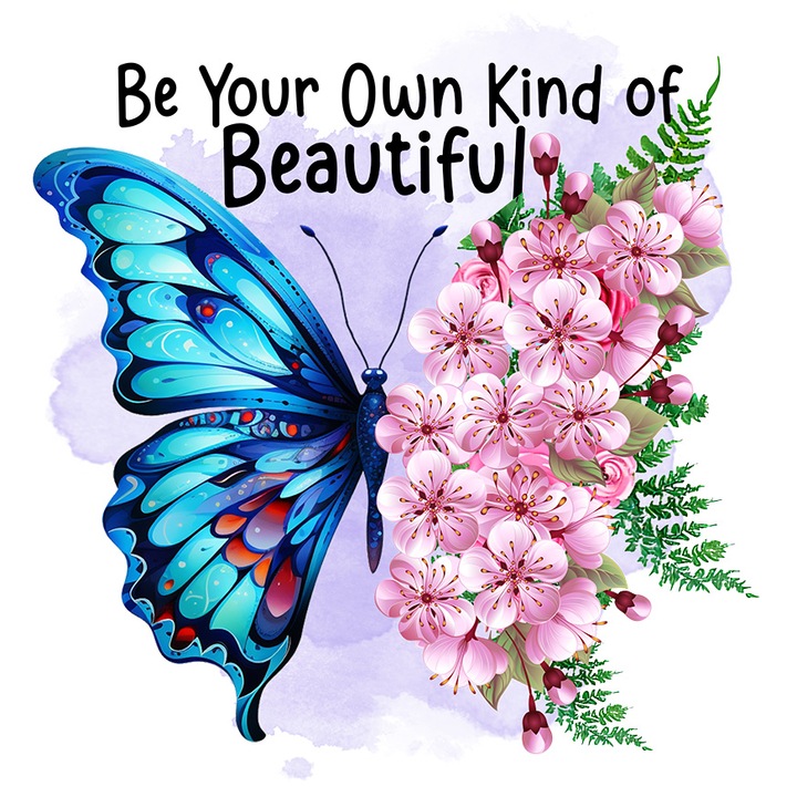 Pillangó matrica egyik kék szárnyával, a másik popcornból készült "Be Your Own Kind Of Beautiful" üzenettel, egyediség, bizalom, szépség, természet, növények, illusztráció fehér szegéllyel, PVC Vinyl 50 cm