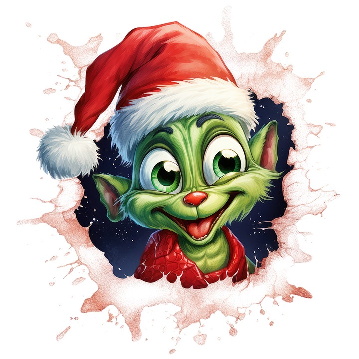 Grincs matrica, illusztráció, karakter, tönkreteszi a karácsonyt, ünnepet, sapkát, átdugja a fejét a falon, vidám, fehér szélekkel, PVC Vinyl 10 cm