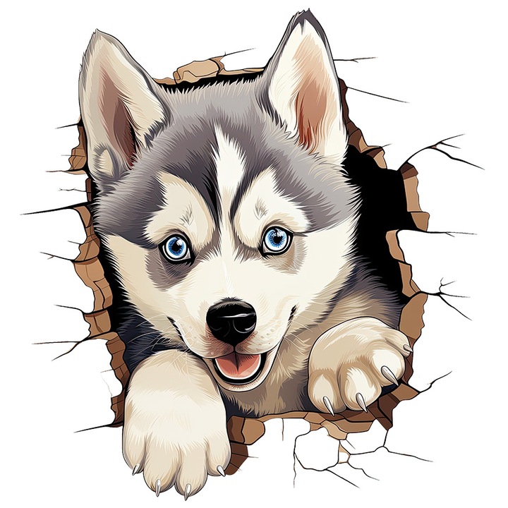 Szibériai husky matrica, kutya, házi kedvenc, illusztráció, fejét a falon átdugva, vidám, játékos, mancsok fehér szélekkel, PVC vinil 10 cm