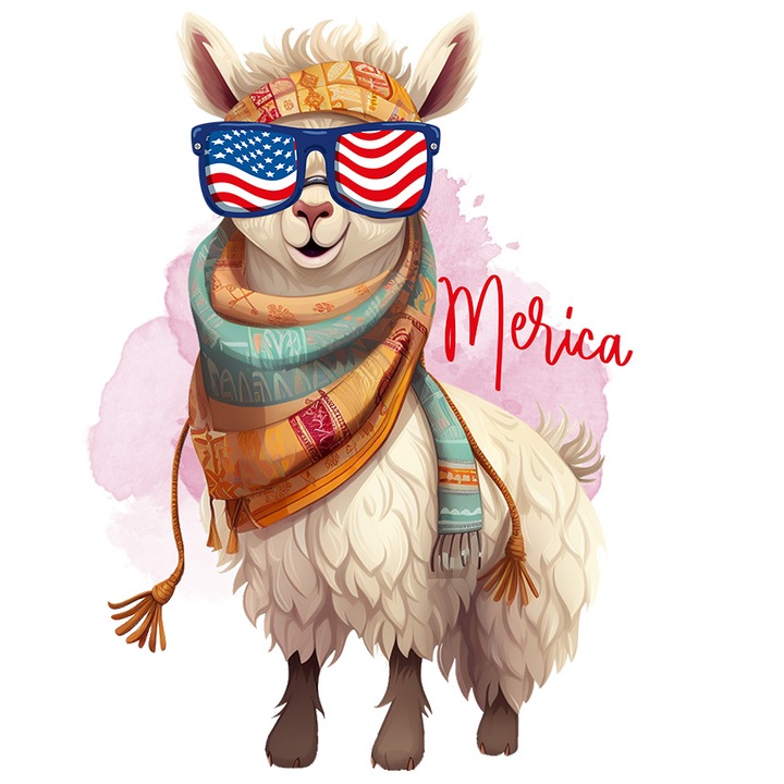 Стикер с острие с послание "Merica", Америка, очила с американското знаме, шал, оборудван, илюстрация с бели ръбове, PVC винил 15 cm