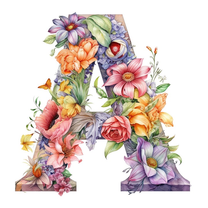 Sticker cu litera "A", ilustratie, pentru copii, scoala, elev, flori, abecedar, alfabet, invata cu Margini Albe, PVC Vinyl 70 cm