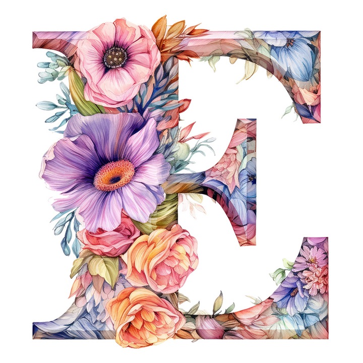 Sticker cu litera "E", ilustratie, pentru copii, scoala, elev, abecedar, alfabet, scrie, flori cu Margini Albe, PVC Vinyl 28 cm