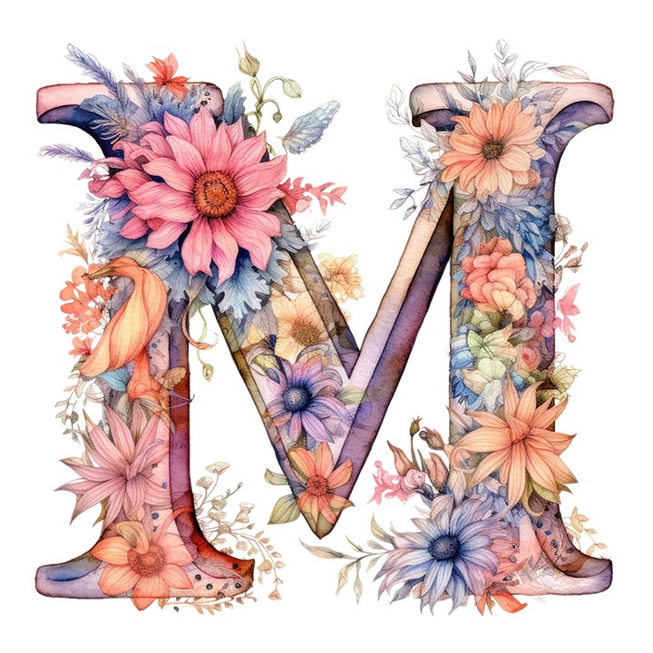 Sticker cu litera "M", ilustratie, pentru copii, scoala, elev, flori, abecedar, alfabet, invata cu Margini Albe, PVC Vinyl 23 cm