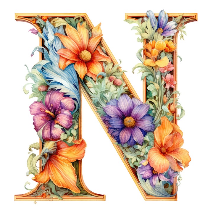 Sticker cu litera "N", ilustratie, pentru copii, scoala, elev, flori, abecedar, alfabet, scrie cu Margini Albe, PVC Vinyl 15 cm