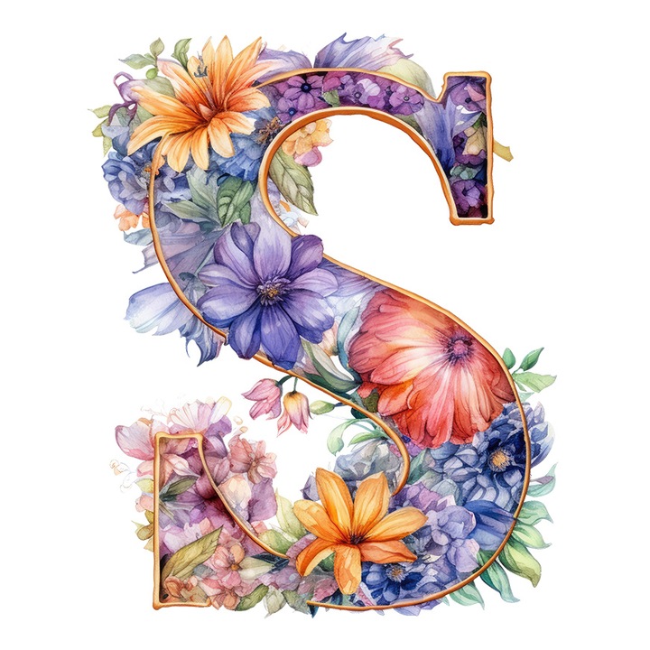 Sticker cu litera "S", ilustratie, pentru copii, scoala, elev, abecedar, alfabet, flori cu Margini Albe, PVC Vinyl 23 cm