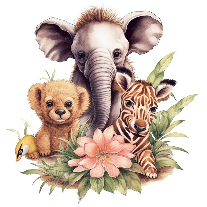 Sticker cu mai multe animalute salbatice, ilustratie, in natura, jungla, floare, pentru copii, elefant, girafa, cu Margini Albe, PVC Vinyl 10 cm